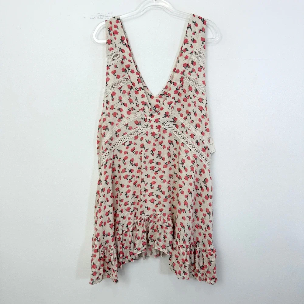 Free People Let It Happen Floral Mini Dress Lace Ruffle Hem Size Large